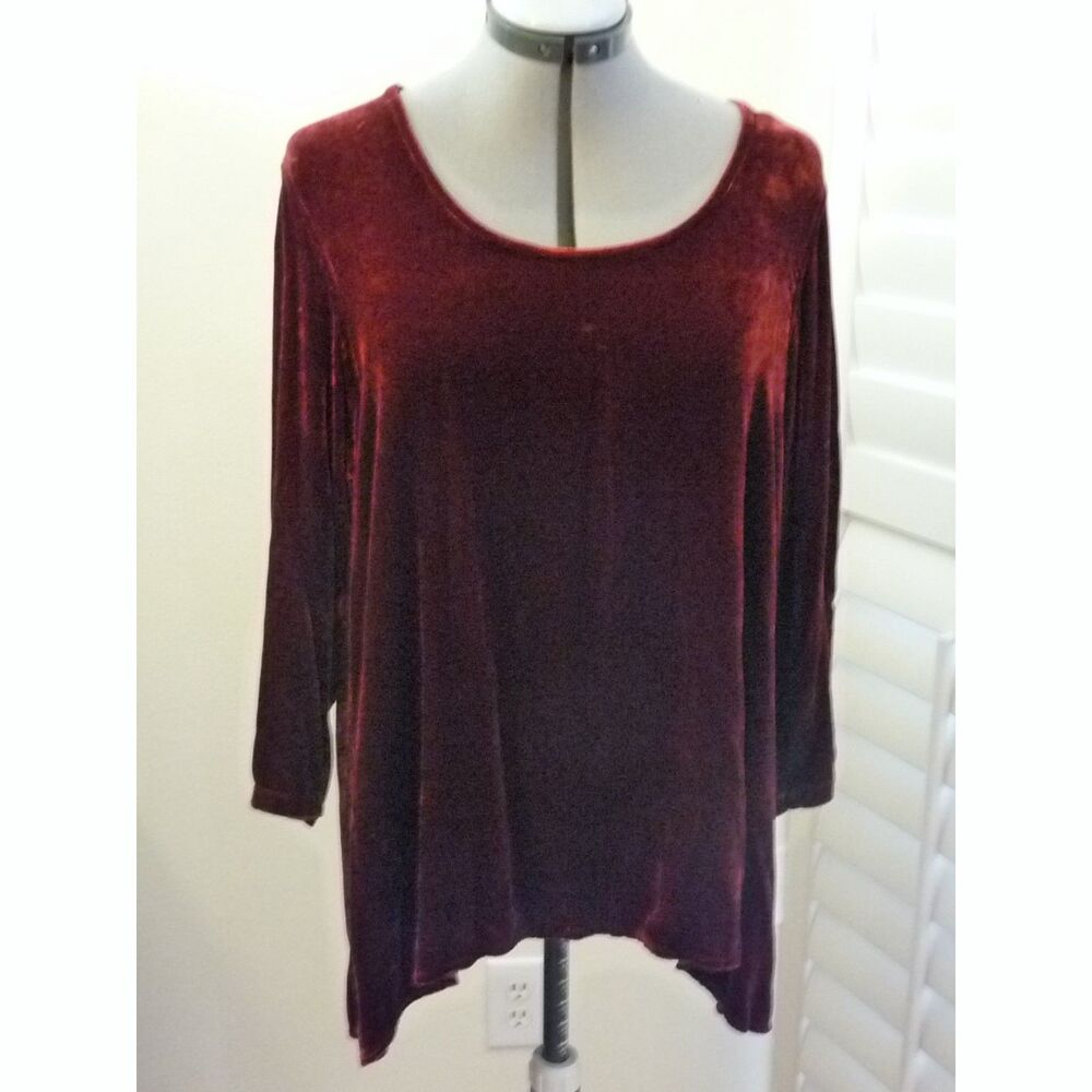 Burgundy Red Silk Rayon Velvet Hi-lo hemline Tunic Top M-L